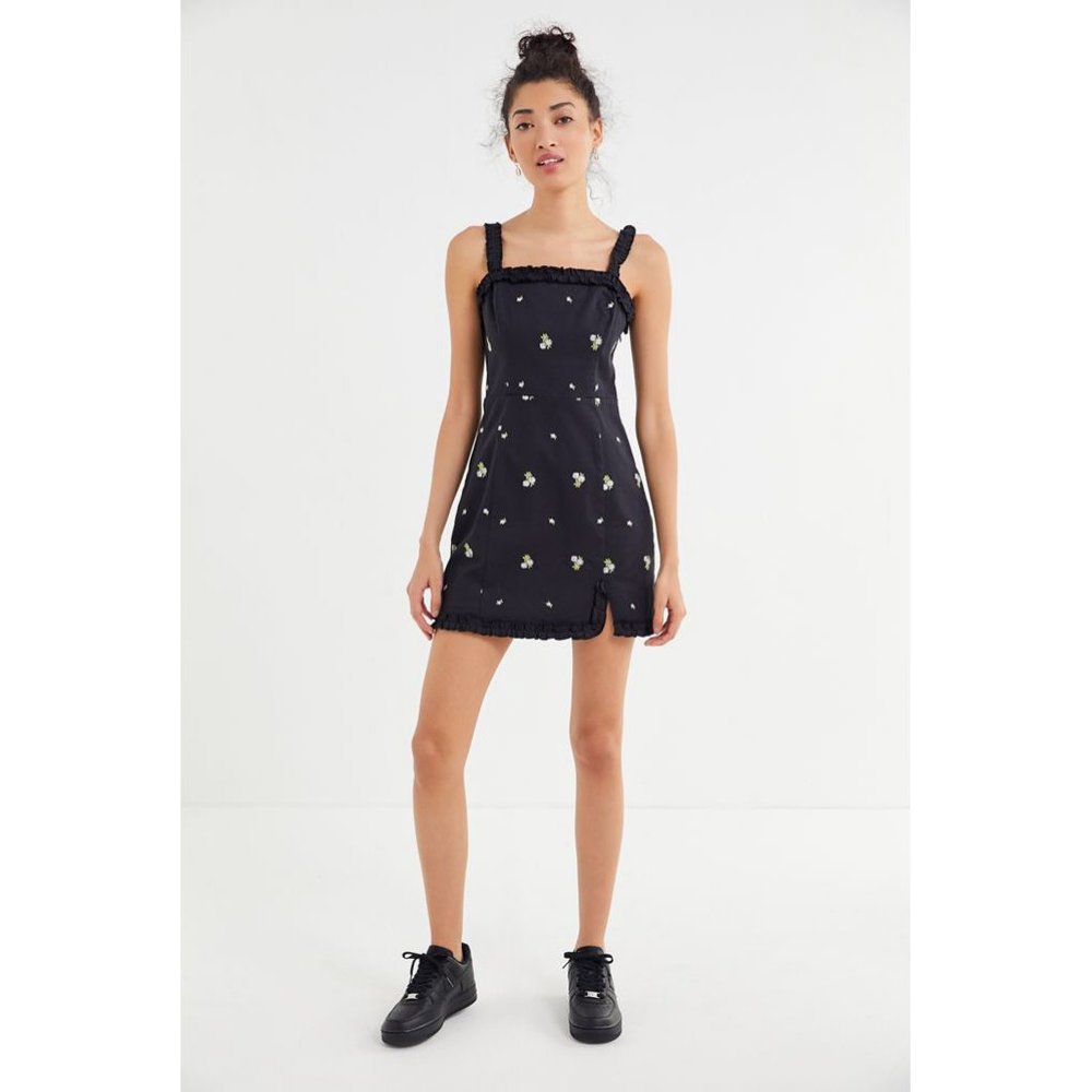 UO Wren Embroidered Ruffle Mini Dress
